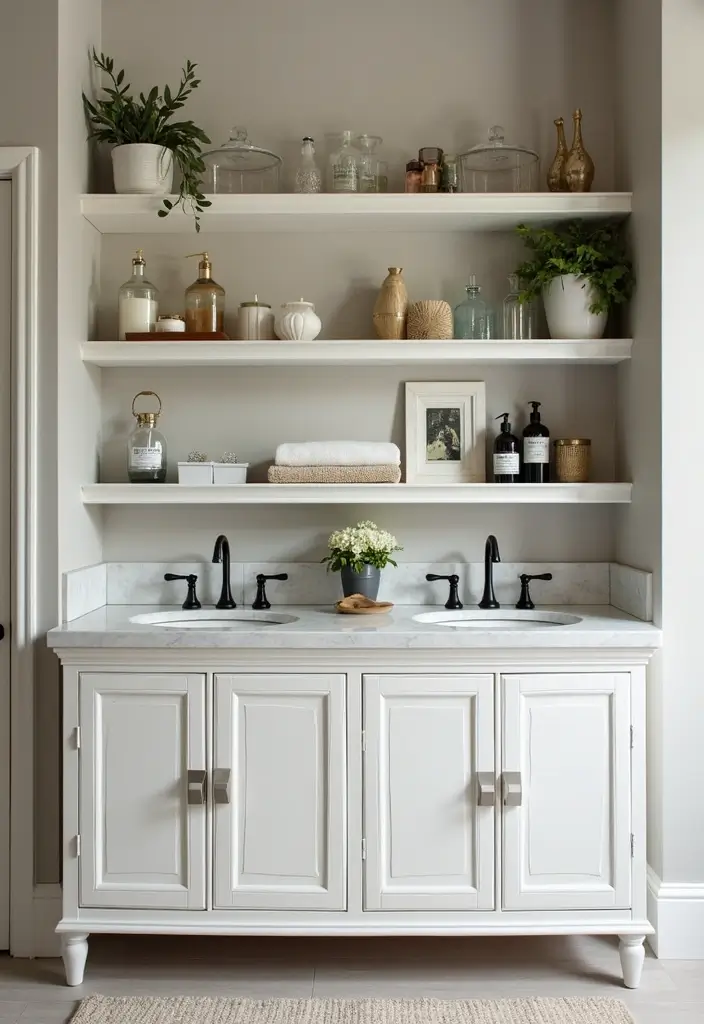 27 Bathroom Double Vanity Ideas That Feel Luxe - 18. Open Shelving Elegance