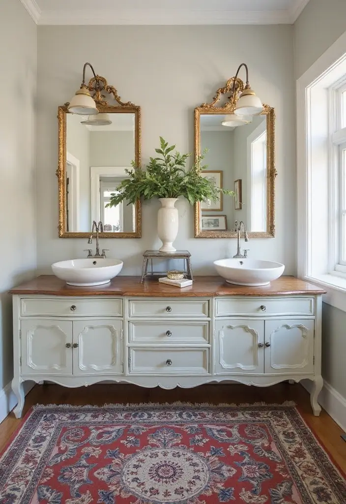 27 Bathroom Double Vanity Ideas That Feel Luxe - 4. Vintage Glam with Antique Finds