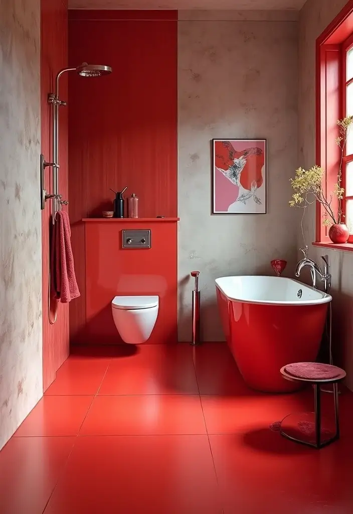 27 Bathroom Flooring Ideas Vinyl Options That Last - 14. Vibrant Red Vinyl for a Bold Statement