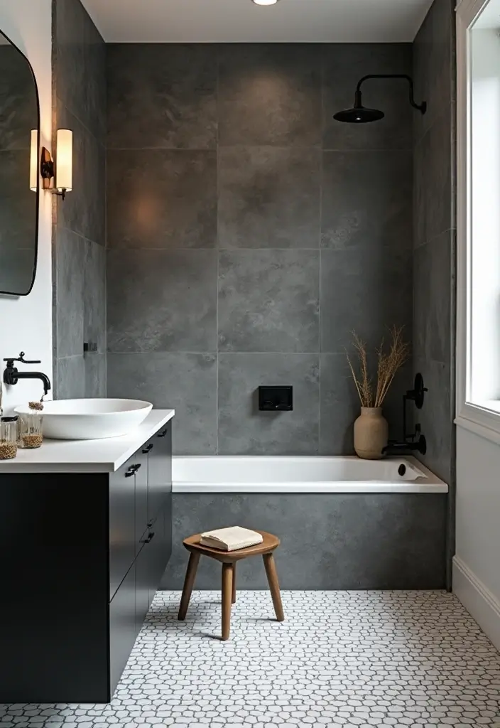 27 Bathroom Flooring Ideas Vinyl Options That Last - 25. Minimalist Black and White