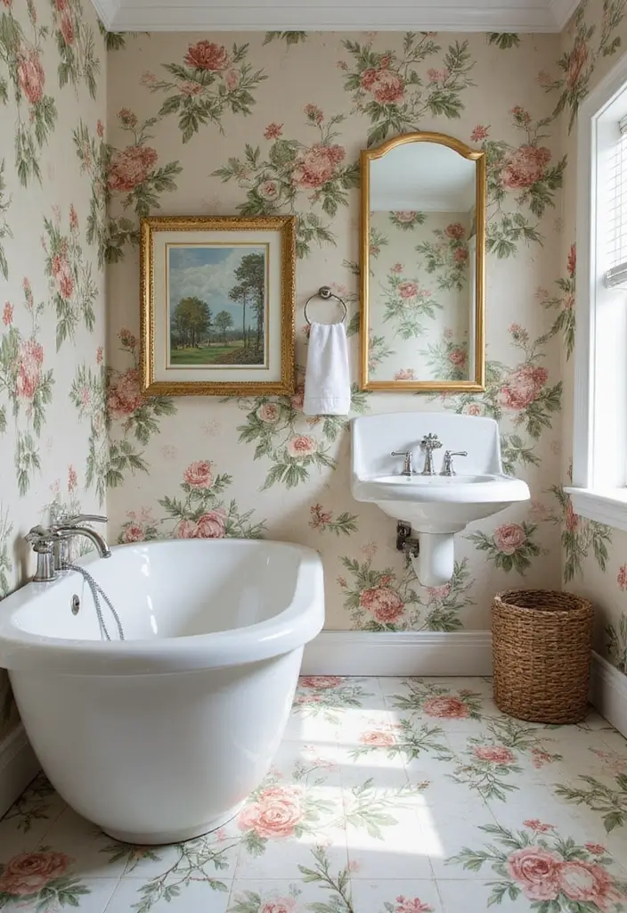 27 Bathroom Flooring Ideas Vinyl Options That Last - 26. Wallpaper-Inspired Vinyl