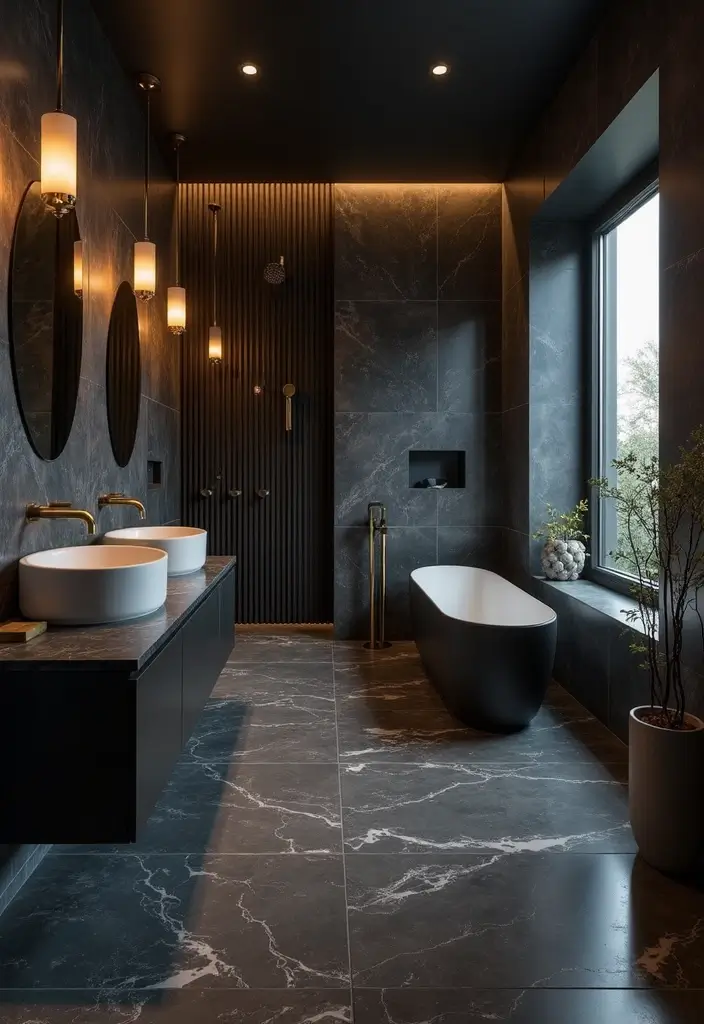 27 Bathroom Flooring Ideas Vinyl Options That Last - 8. Sleek Black Vinyl for Dramatic Flair