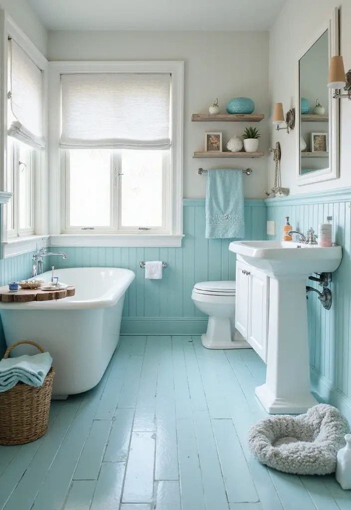 27 Bathroom Flooring Ideas Vinyl Options That Last - 9. Coastal Vibes with Light Blue Vinyl