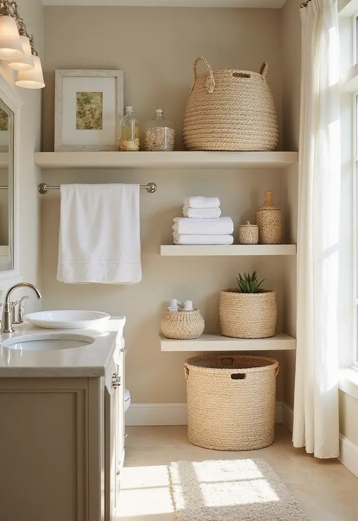 27 Bathroom Sand Color Ideas That Feel Coastal - 15. Sandy Color Storage Solutions
