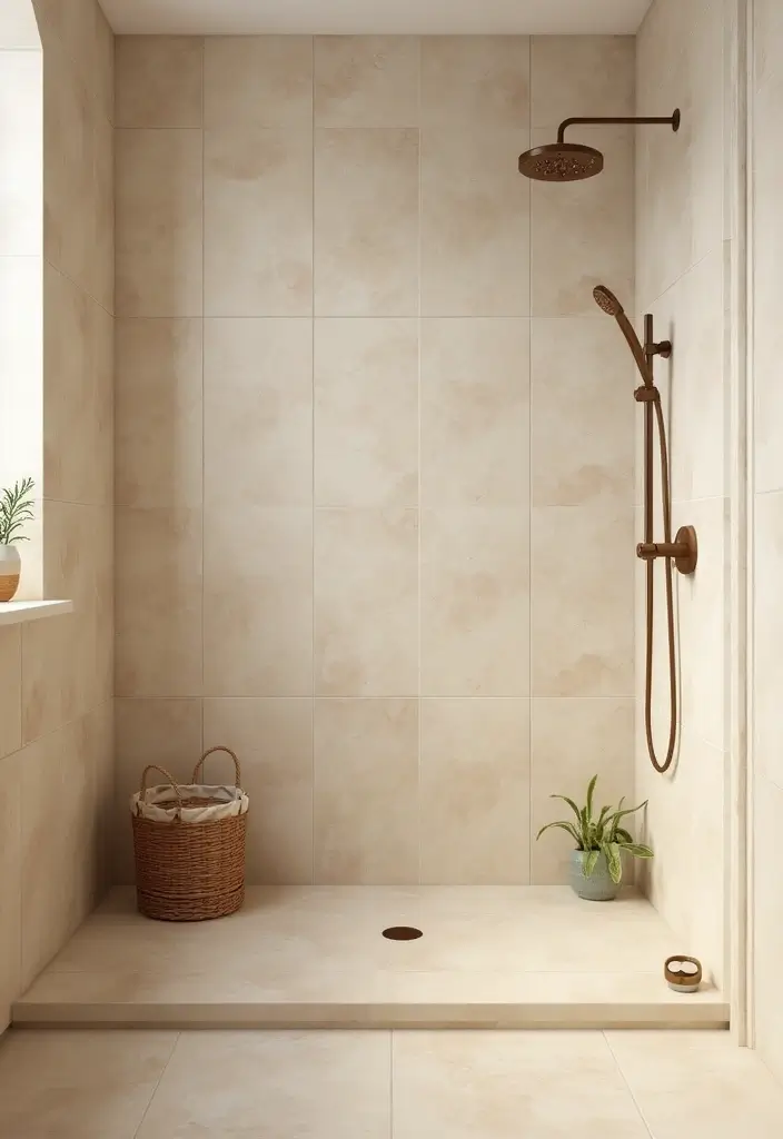 27 Bathroom Sand Color Ideas That Feel Coastal - 19. Soft Sandy Shower Tiles