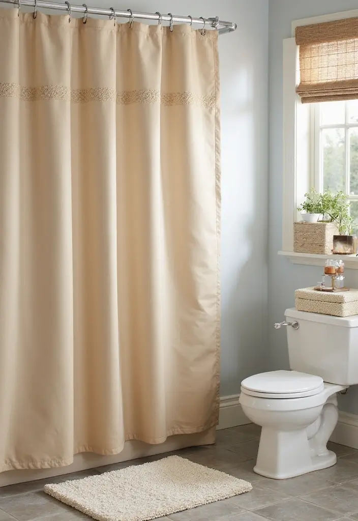 27 Bathroom Sand Color Ideas That Feel Coastal - 5. Sandy Color Shower Curtain