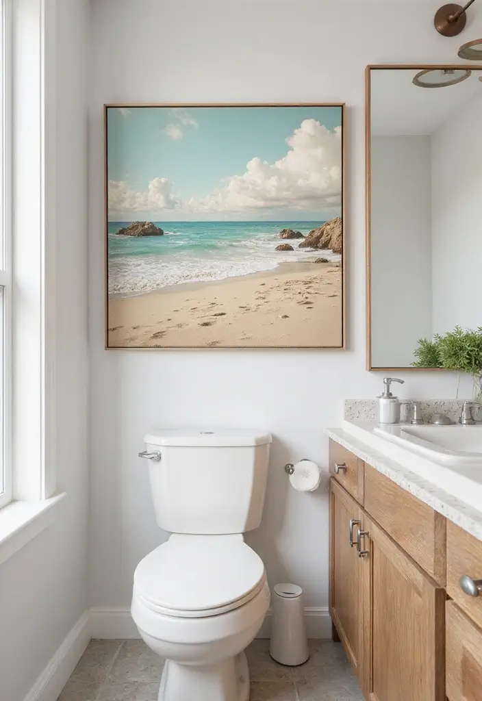 27 Bathroom Sand Color Ideas That Feel Coastal - 7. Beachy Artwork