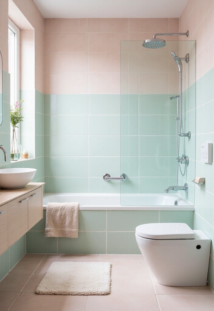 27 Bathroom Tiles Design Ideas That Stay Trendy - 20. Soft Pastel Tiles for a Gentle Touch