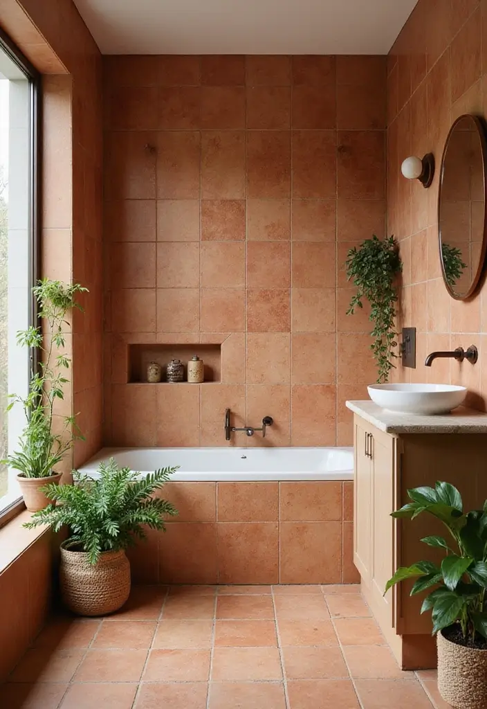 27 Bathroom Tiles Design Ideas That Stay Trendy - 3. Terracotta Tiles for Warmth