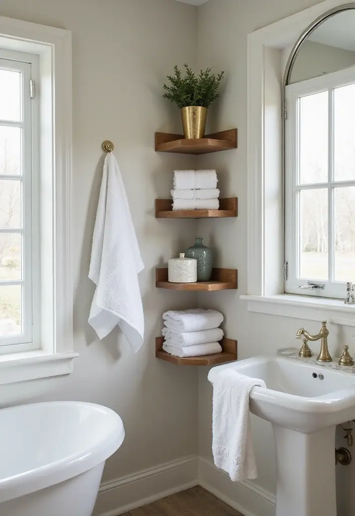27 Bathroom Towel Storage Ideas That Save Space - 23. Corner Shelves