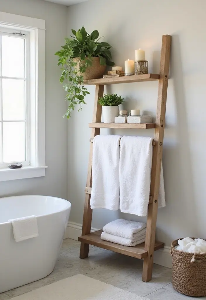27 Bathroom Towel Storage Ideas That Save Space - 8. Towel Rack Ladder Shelf