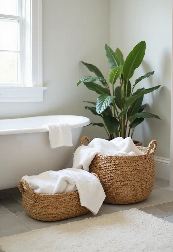 27 Bathroom Towel Storage Ideas That Save Space - 9. Decorative Towel Baskets