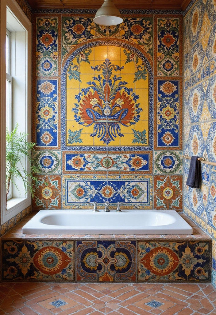 27 Bathroom Tub Tile Ideas That Complement Every Style - 12. Artistic Spanish Tiles