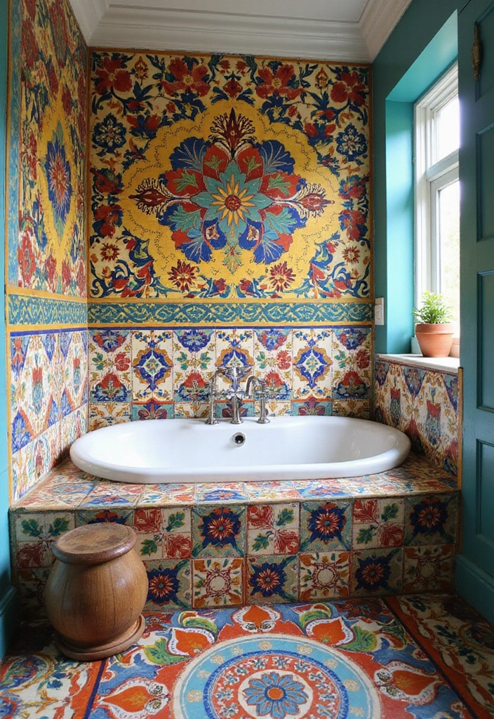 27 Bathroom Tub Tile Ideas That Complement Every Style - 15. Colorful Cement Tiles