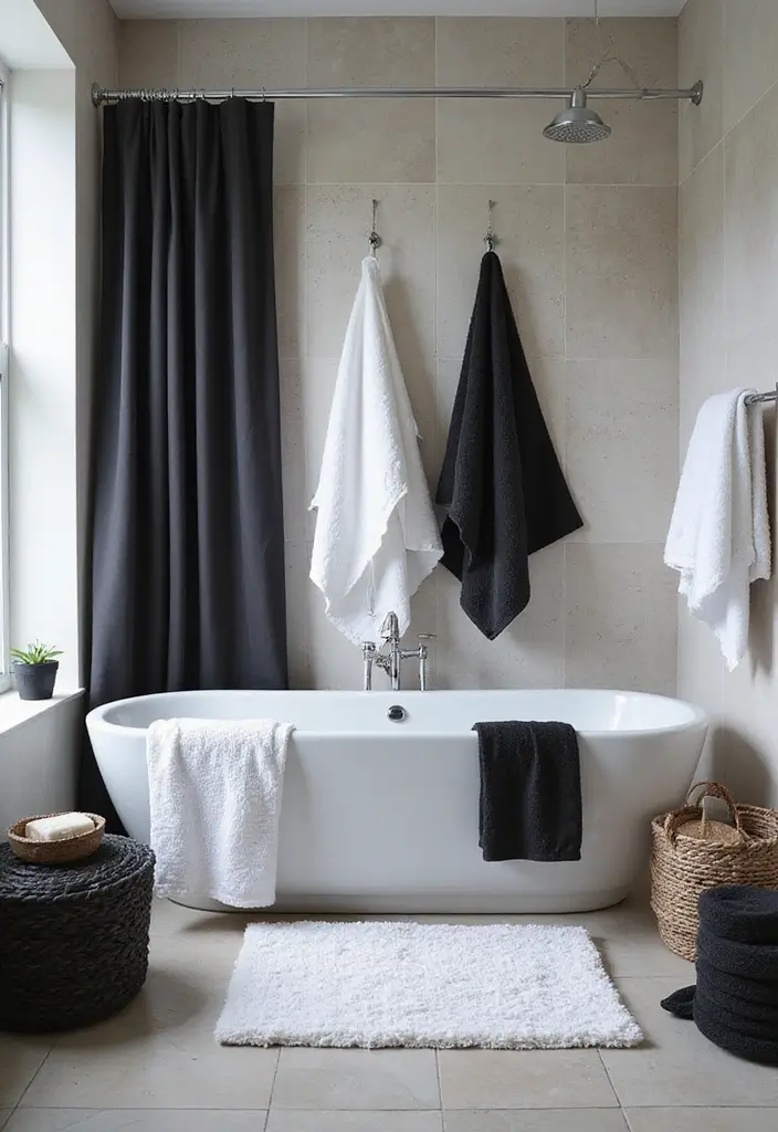 27 Black White and Wood Bathroom Designs That Feel Balanced - 10. Luxurious Textures: Mix and Match Fabrics