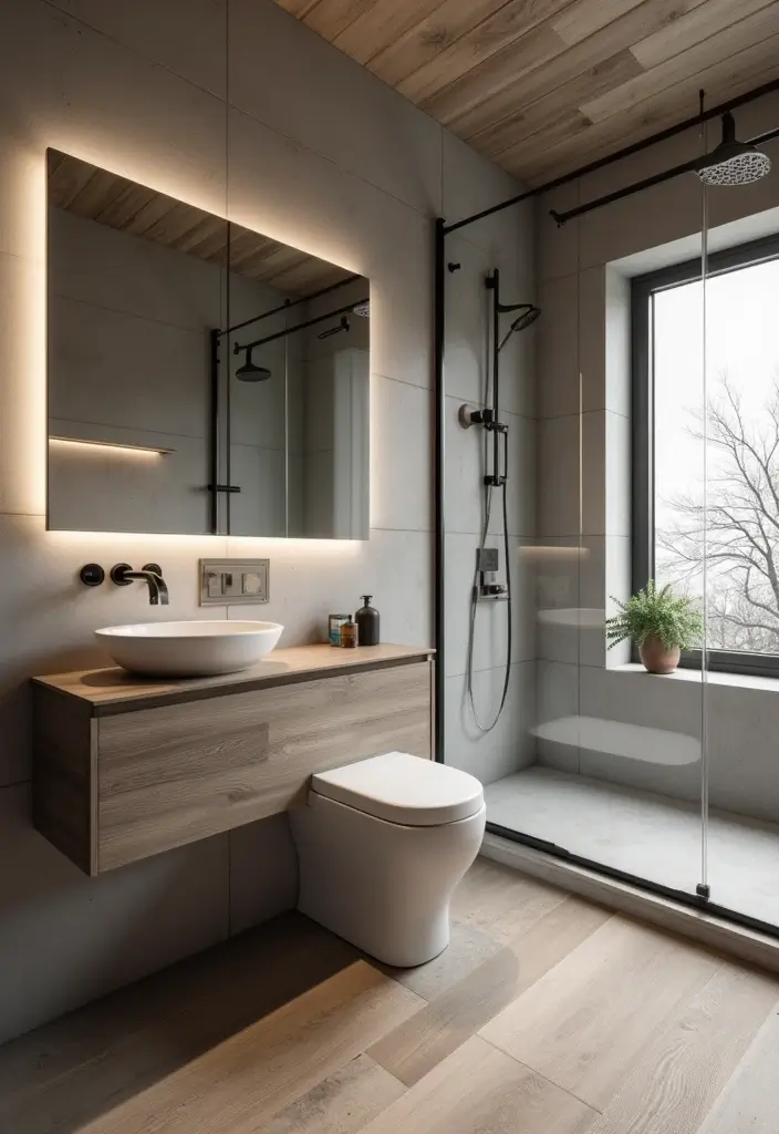 27 Black White and Wood Bathroom Designs That Feel Balanced - 11. Brushed Metal Accents: A Modern Touch