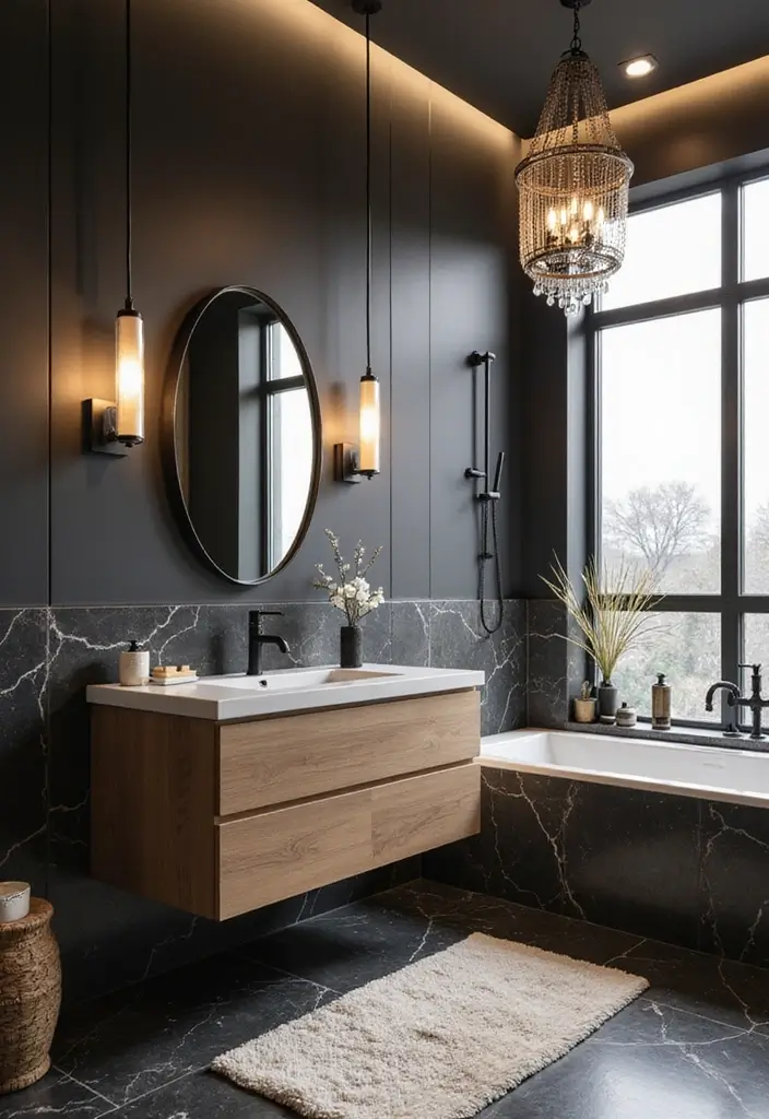 27 Black White and Wood Bathroom Designs That Feel Balanced - 12. Elegant Lighting: Statement Fixtures