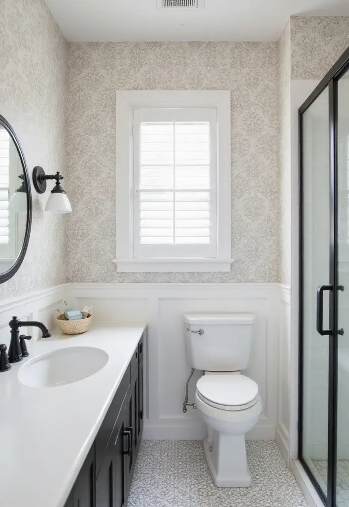 27 Black White and Wood Bathroom Designs That Feel Balanced - 14. Subtle Patterns: Wallpaper Accents