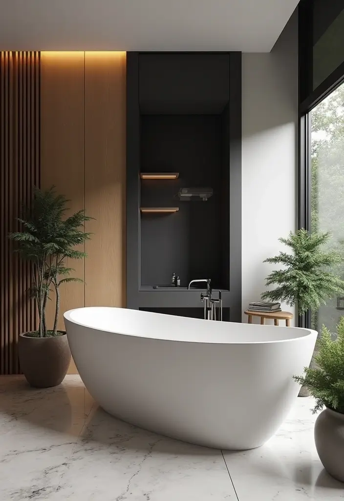 27 Black White and Wood Bathroom Designs That Feel Balanced - 15. Freestanding Bathtubs: Centerpiece of Luxury