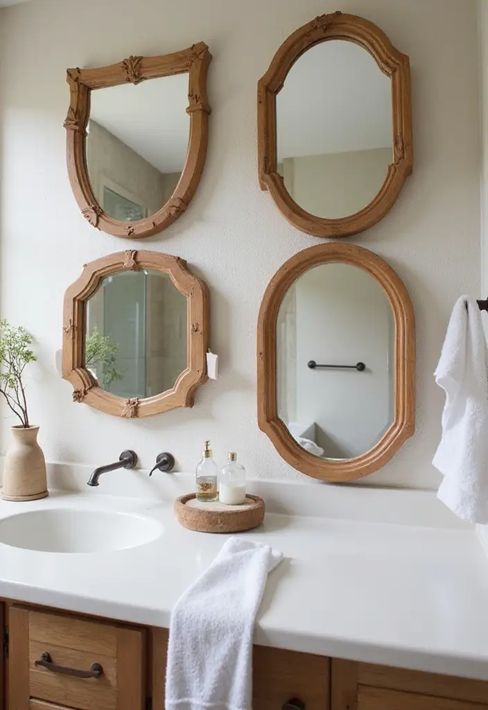 27 Black White and Wood Bathroom Designs That Feel Balanced - 17. Creative Mirrors: Shapes and Frames