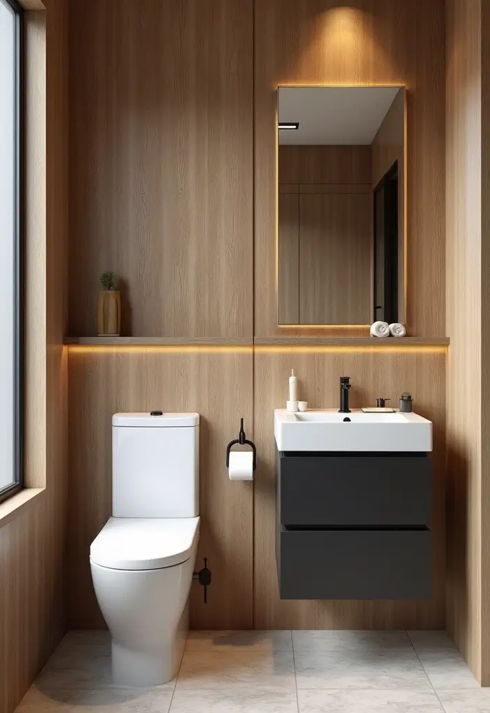 27 Black White and Wood Bathroom Designs That Feel Balanced - 19. Textured Walls: Wood Paneling