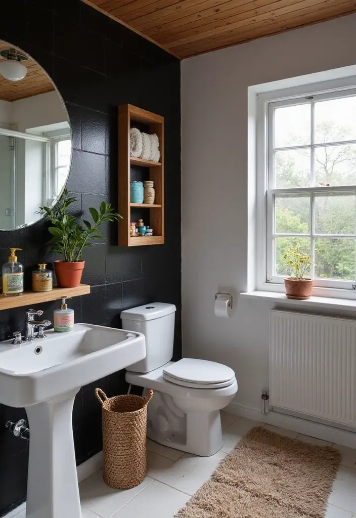 27 Black White and Wood Bathroom Designs That Feel Balanced - 20. Colorful Pops: Accessories