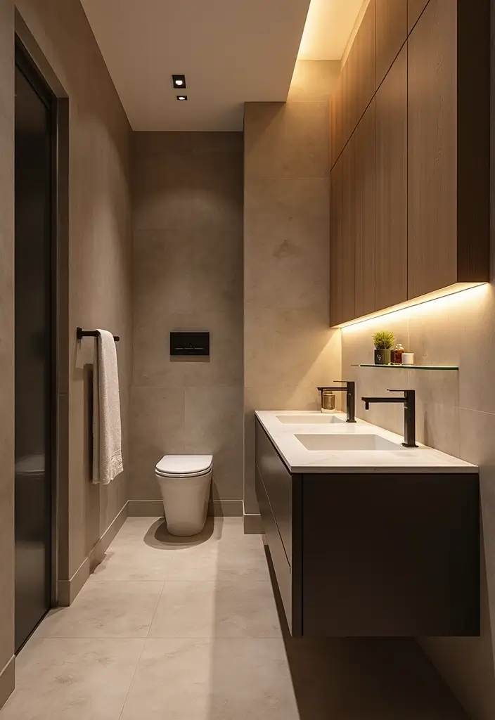 27 Black White and Wood Bathroom Designs That Feel Balanced - 24. Layered Lighting: Ambient and Task Lighting