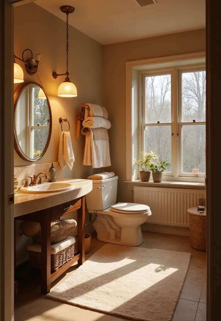 27 Black White and Wood Bathroom Designs That Feel Balanced - 27. Cozy Accents: Warm Lighting and Fabrics