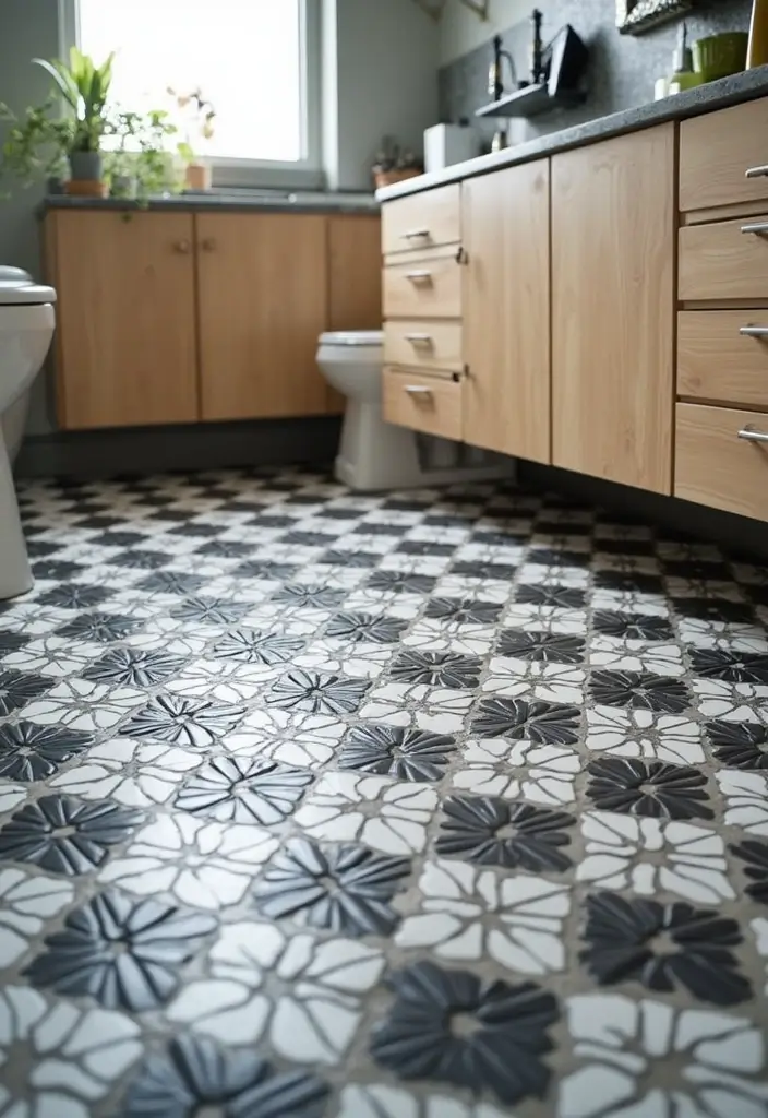 27 Black White and Wood Bathroom Designs That Feel Balanced - 3. Monochrome Elegance: Black and White Tiles