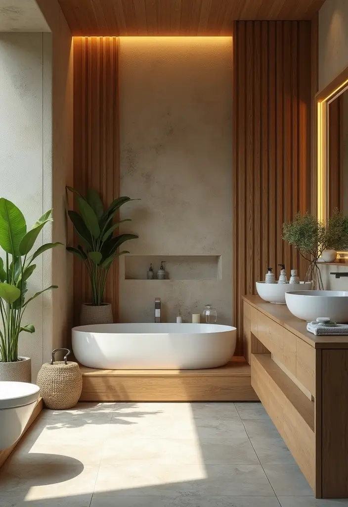 27 Black White and Wood Bathroom Designs That Feel Balanced - 4. Spa-Like Retreat: Natural Elements