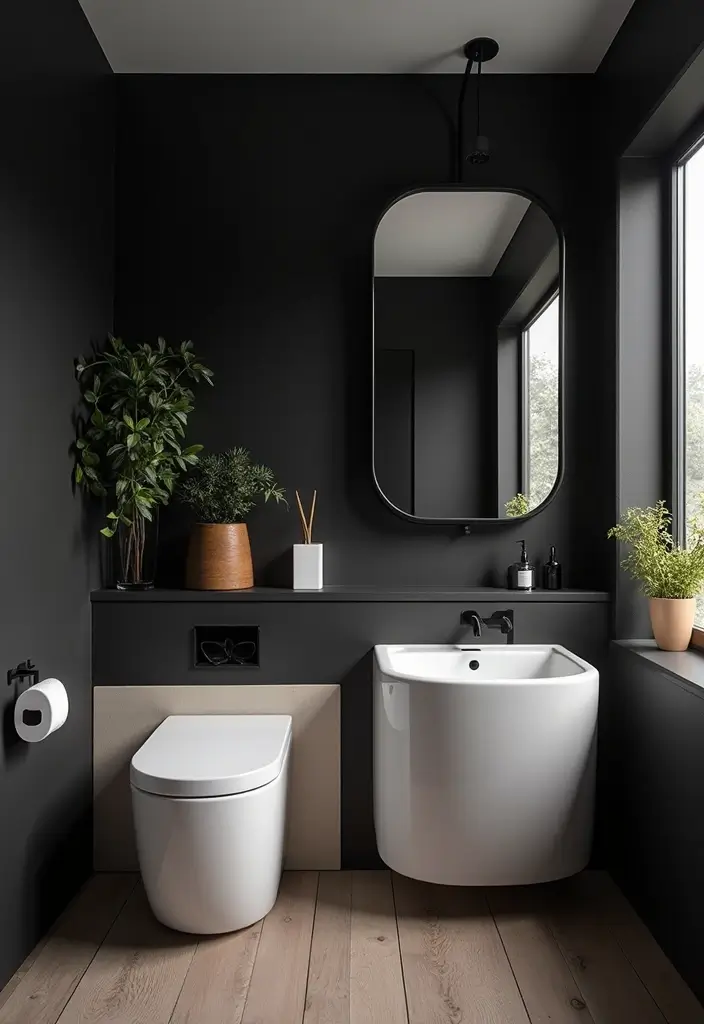 27 Black White and Wood Bathroom Designs That Feel Balanced - 5. Bold Black Walls: A Dramatic Statement