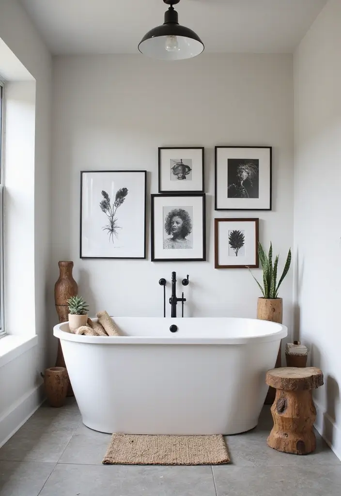 27 Black White and Wood Bathroom Designs That Feel Balanced - 8. Artistic Flair: Unique Art Pieces