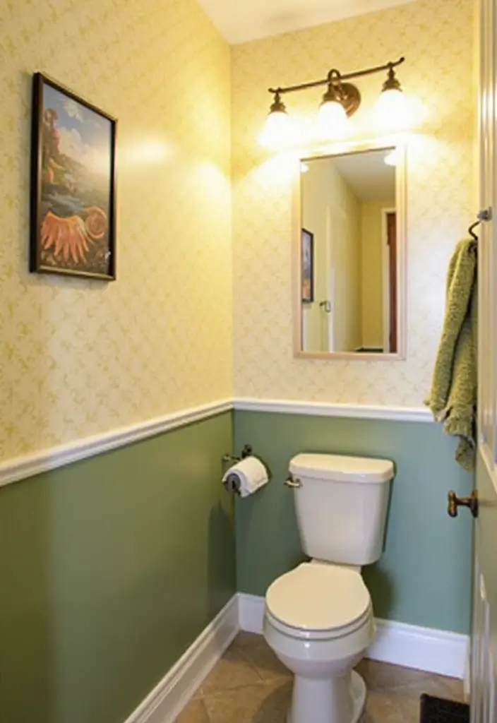 27 Guest Bathroom Wallpaper Ideas That Impress Visitors - 17. Two-Tone Separated by a Chair Rail
