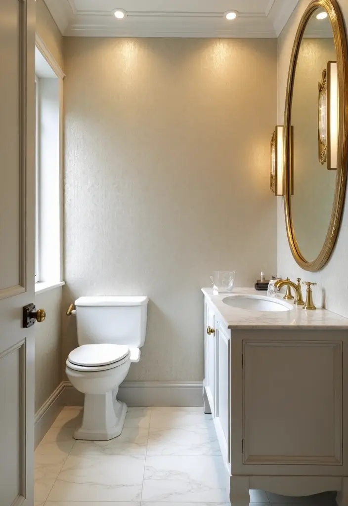 27 Guest Bathroom Wallpaper Ideas That Impress Visitors - 19. Subtle Metallic Accents