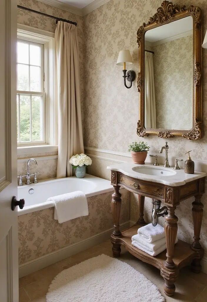 27 Guest Bathroom Wallpaper Ideas That Impress Visitors - 22. Elegant Damask Designs for a Regal Touch