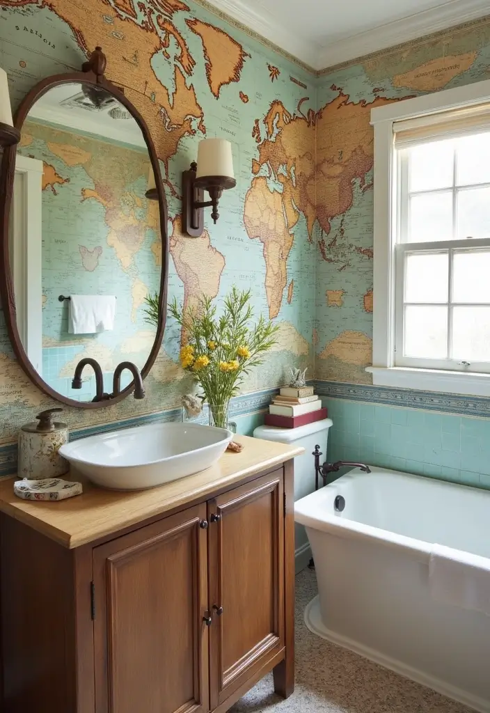 27 Guest Bathroom Wallpaper Ideas That Impress Visitors - 24. Vintage Travel-Inspired Designs