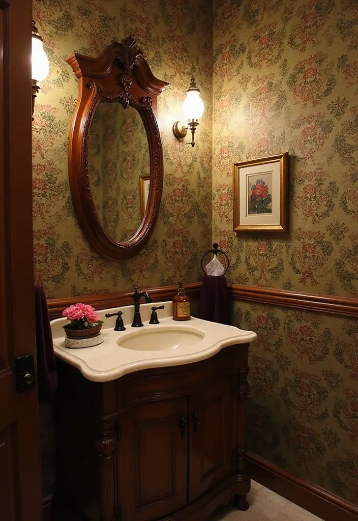 27 Guest Bathroom Wallpaper Ideas That Impress Visitors - 7. Vintage Print Reminiscent of Old Books