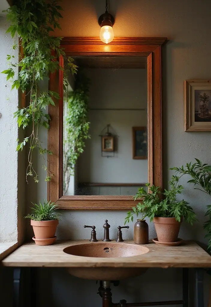 27 Small Bathroom Mirror Ideas That Reflect More Light - 1. Vintage Wood-Framed Mirrors