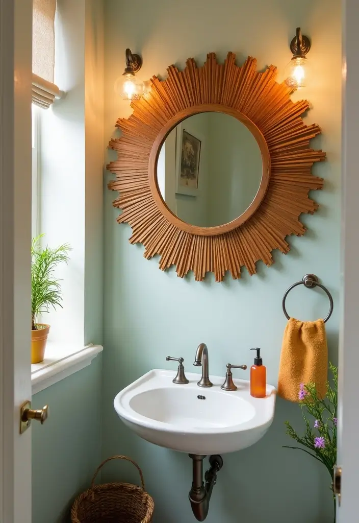 27 Small Bathroom Mirror Ideas That Reflect More Light - 11. Decorative Sunburst Mirrors
