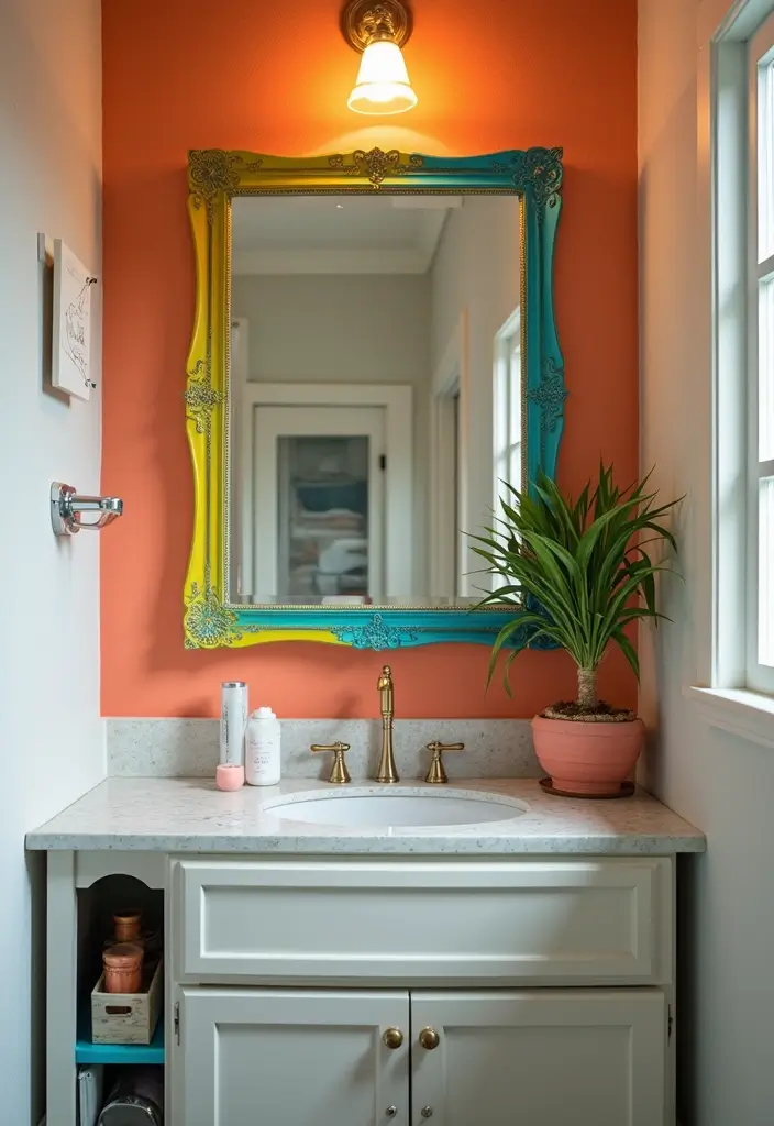 27 Small Bathroom Mirror Ideas That Reflect More Light - 17. Colorful Framed Mirrors