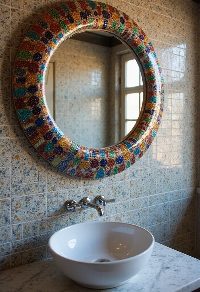 27 Small Bathroom Mirror Ideas That Reflect More Light - 8. Framed Mosaic Mirrors