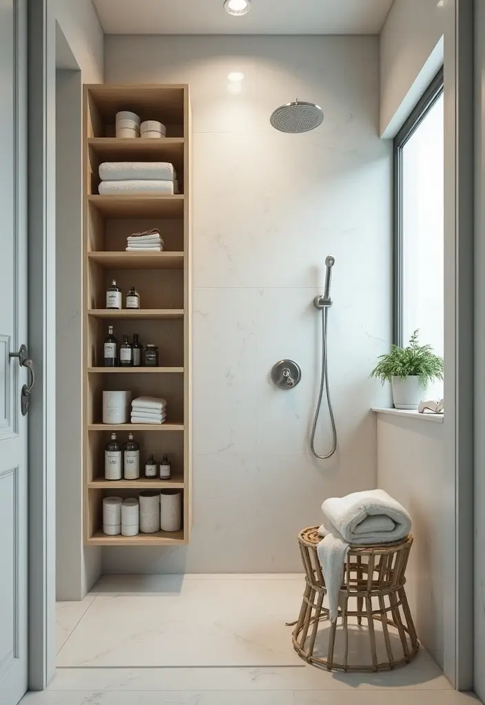 27 Small Scandinavian Bathroom Ideas That Feel Calm and Bright - 26. Cleverly Designed Shower Storage