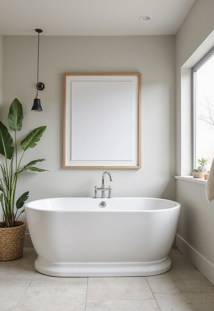 27 Small Scandinavian Bathroom Ideas That Feel Calm and Bright - 9. Chic Wall Art