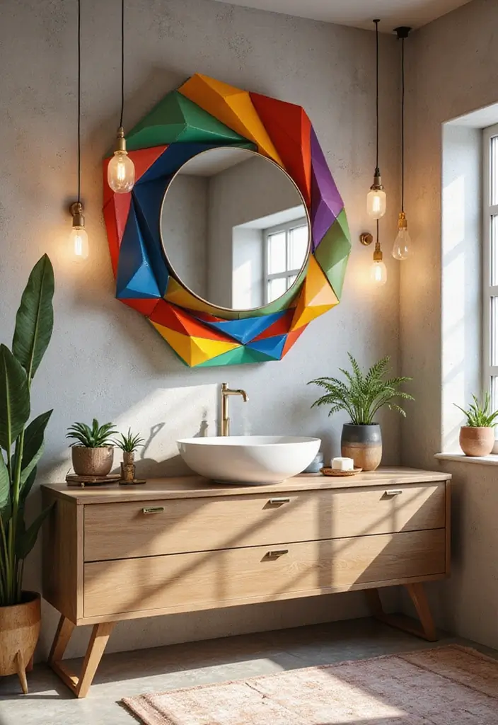 27 Unique Bathroom Mirrors That Make a Statement - 12. Colorful Geometric Mirror