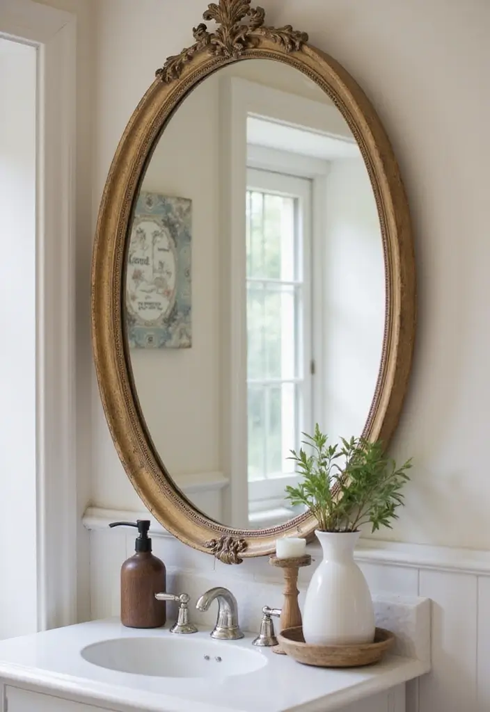 27 Unique Bathroom Mirrors That Make a Statement - 21. Vintage Style Round Mirror with Shelf