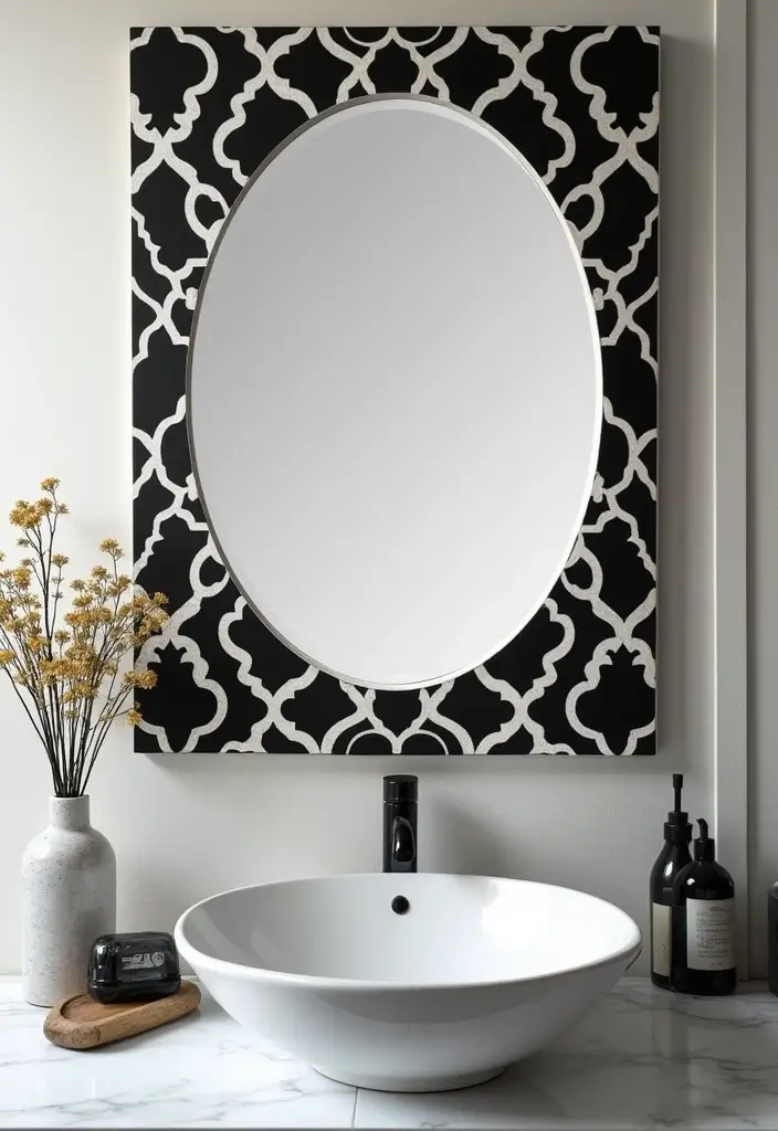 27 Unique Bathroom Mirrors That Make a Statement - 26. Black and White Patterned Mirror