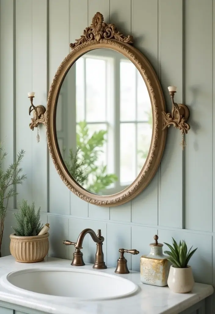 27 Unique Bathroom Mirrors That Make a Statement - 27. Vintage Shabby Chic Round Mirror with Hooks