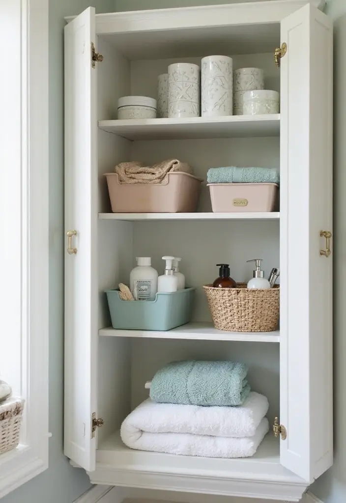 28 Bathroom Cabinet Decor Ideas That Feel Elegant - 13. Stylish Organizing Bins