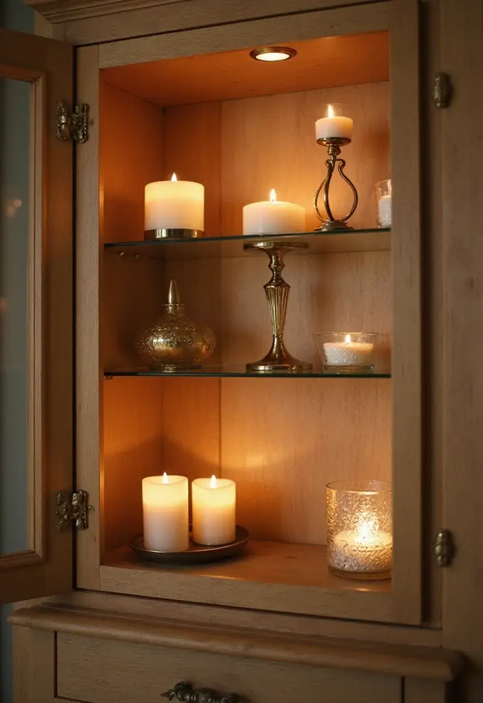 28 Bathroom Cabinet Decor Ideas That Feel Elegant - 14. Candlelit Calm