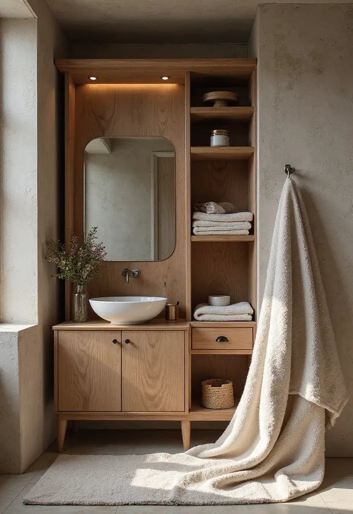 28 Bathroom Cabinet Decor Ideas That Feel Elegant - 18. Textural Contrast